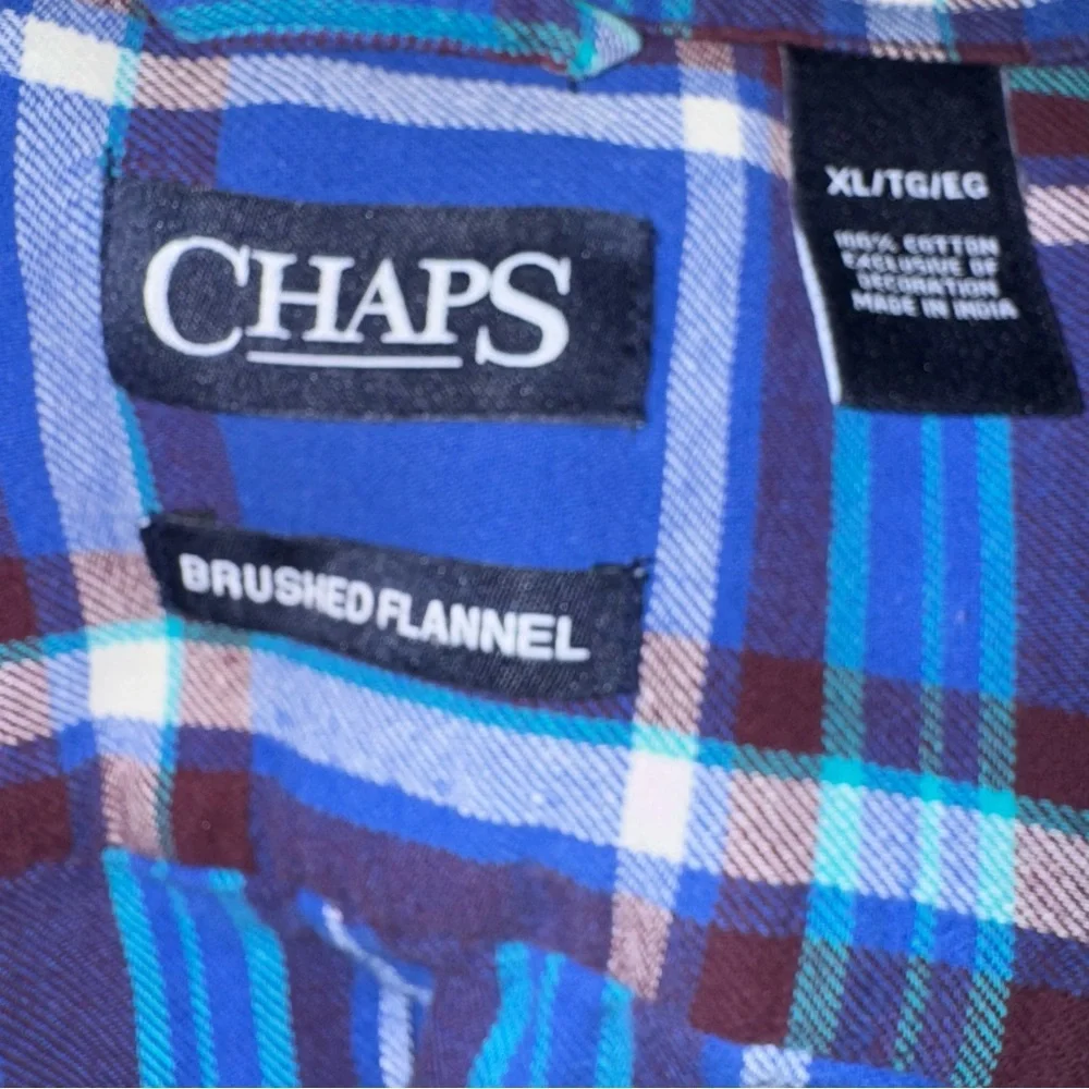 Chaps Men’s Blue Plaid Brushed Flannel Shirt XL Button Front Cotton Logo